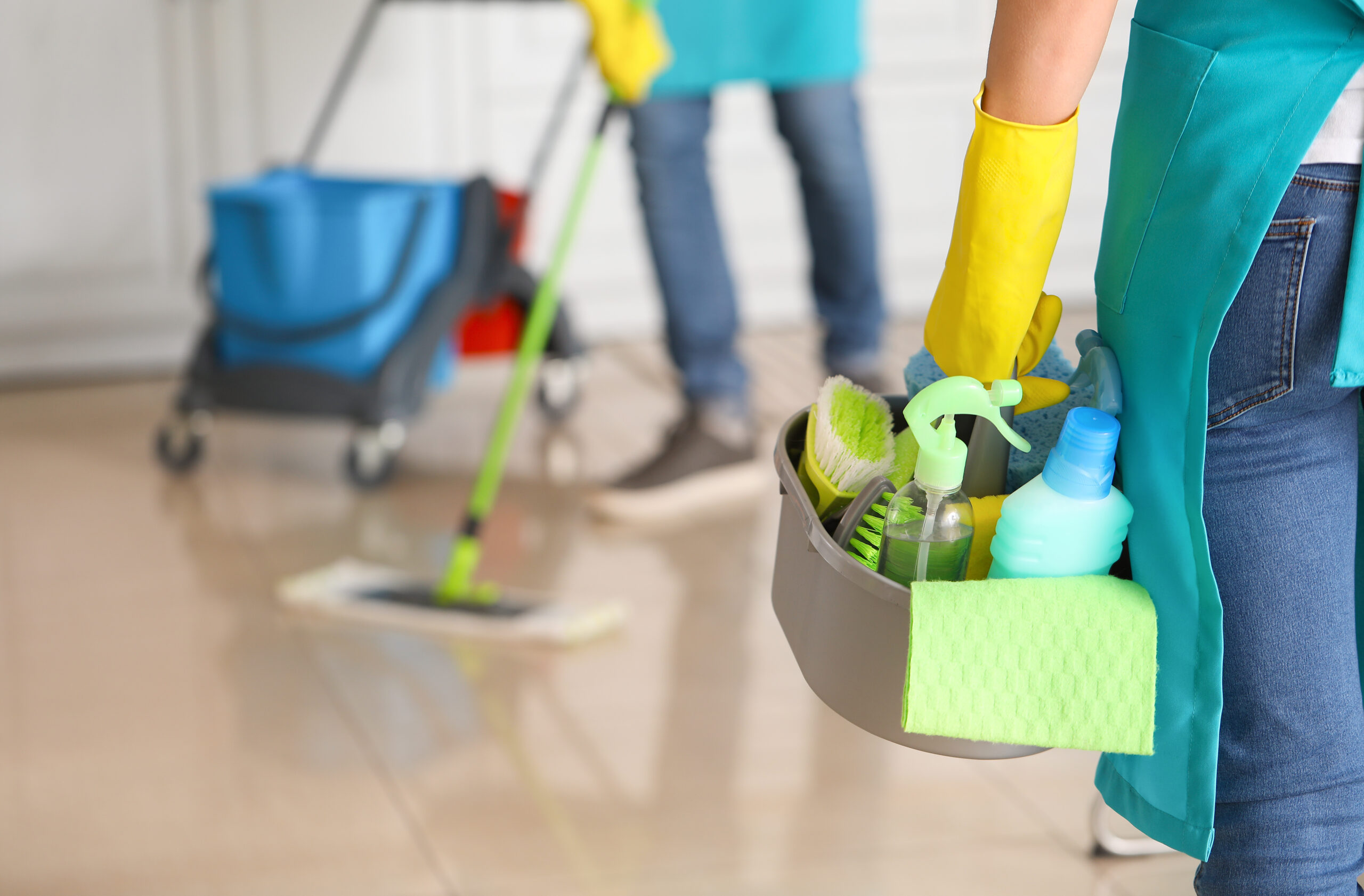 Female,Janitor,With,Cleaning,Supplies,In,Kitchen